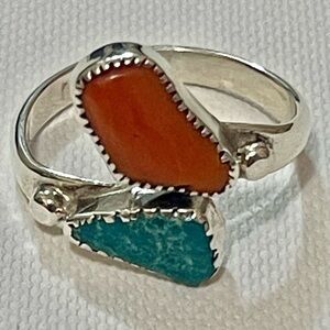 VTG NATIVE AMERICAN STERLING Natural Turquoise Coral RING SZ 10